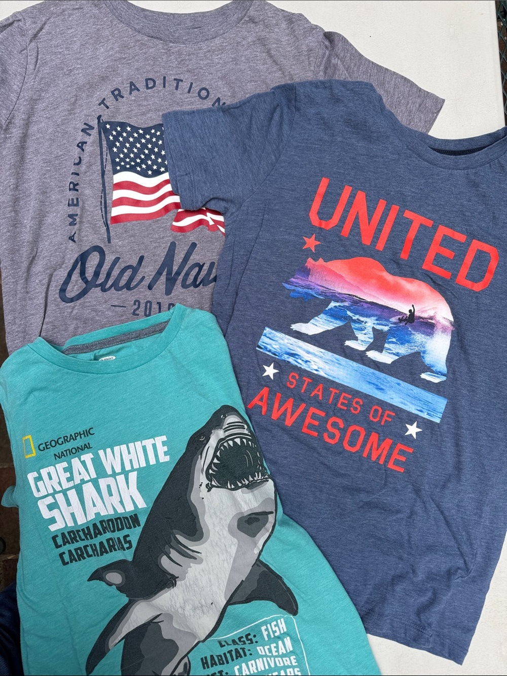 Bundle of 3 Old Navy Boys Graphic Short Sleeve Tees - shark, flag, patriotic